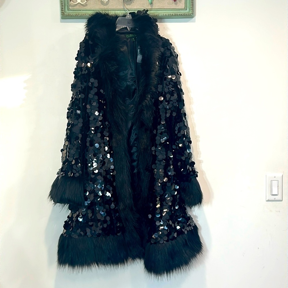 DOLLS KILL CLUB EXX STROBELIGHT HOODED DUSTER BLACK OVERSIZED SEQUIN FUR MEDIUM